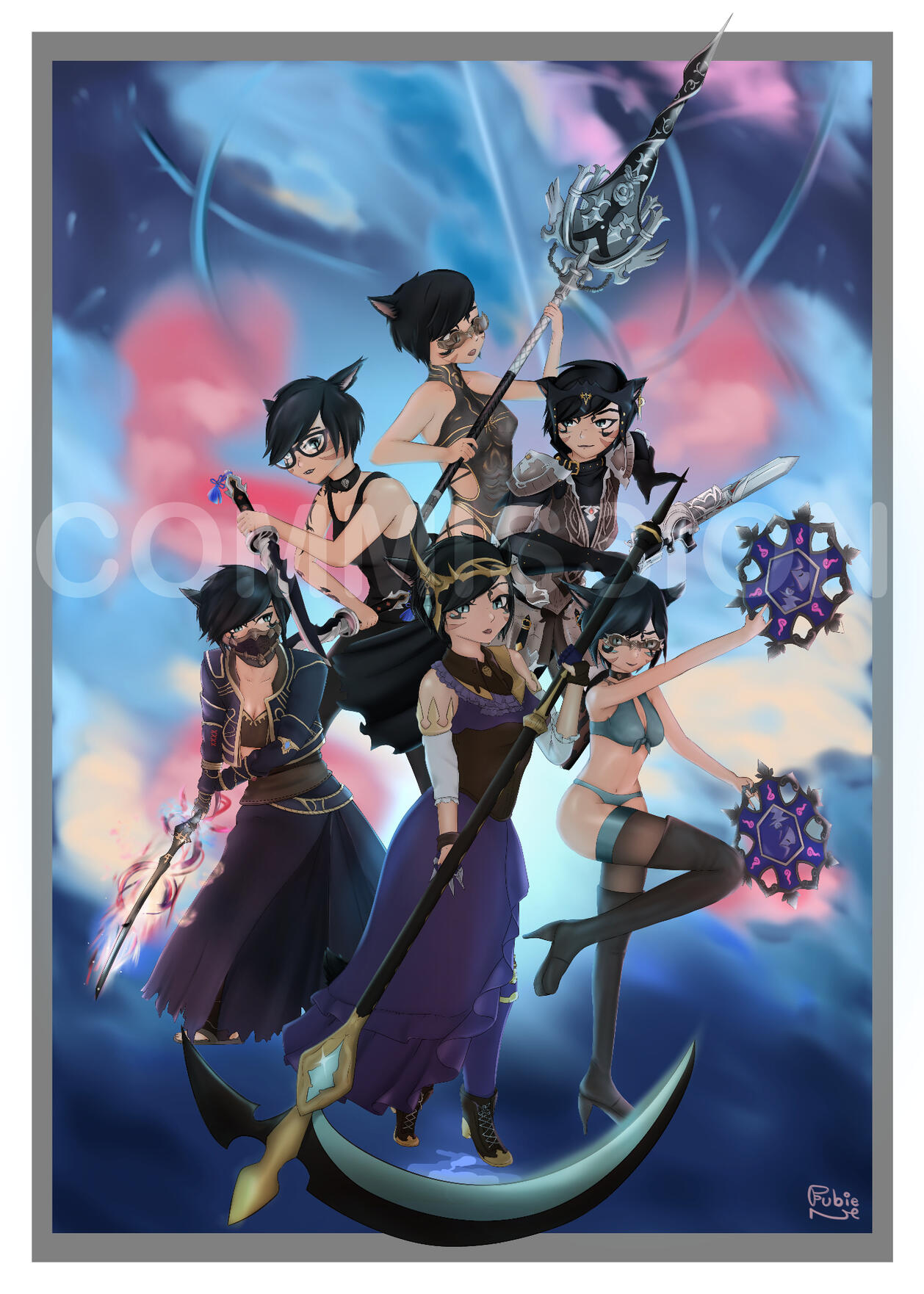 Miao - fullbody ffxiv miqo'te wearing six different outfits/jobs